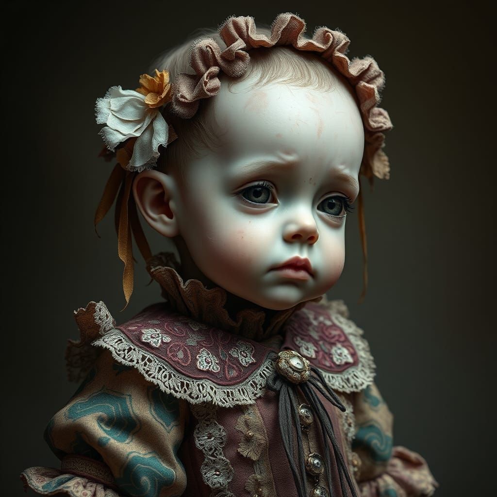 Hyperrealistic Undead Baby Portrait in Ornate Clothing