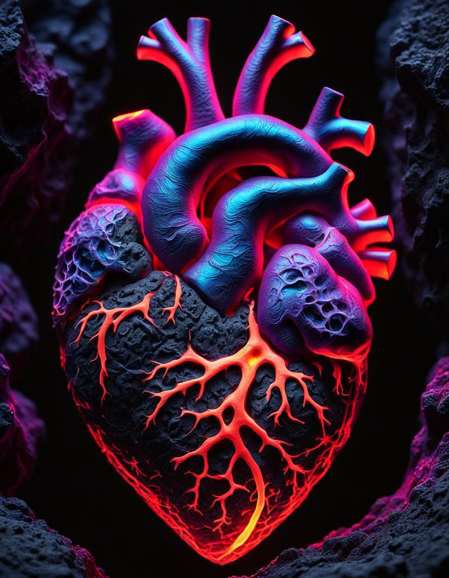 Ultrarealistic Human Heart on Lava Rock