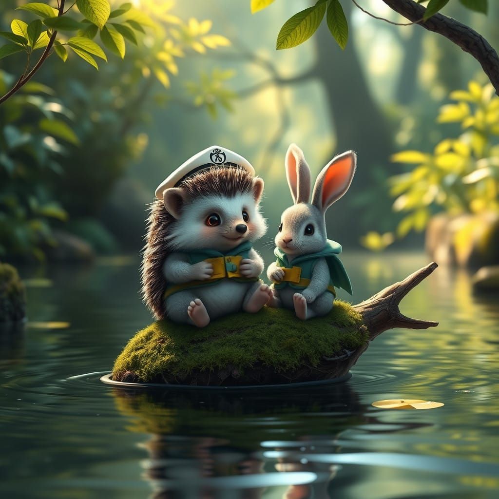 Fantastical Forest Friends Float Down a Serene Stream