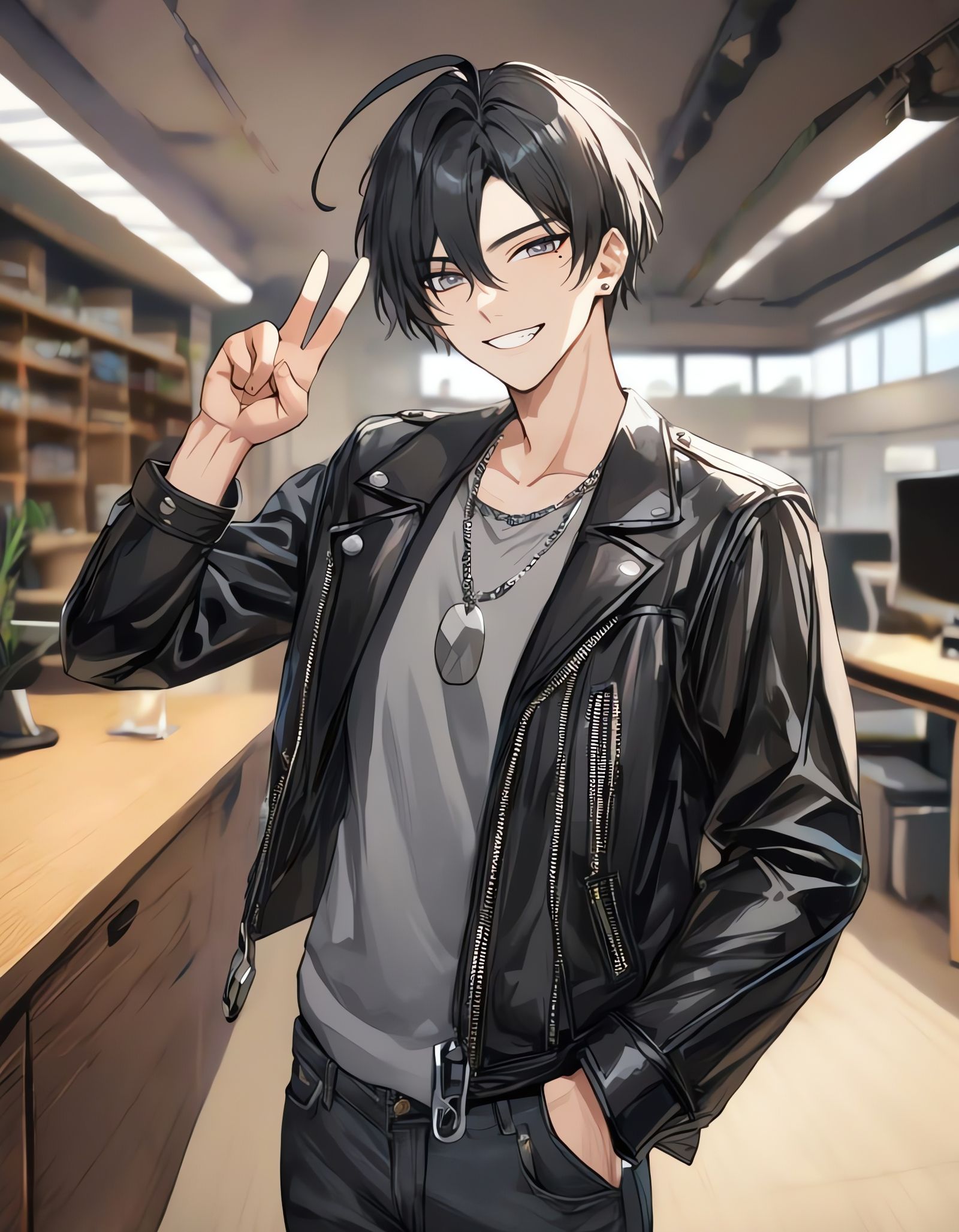 Anime Boy in Leather Jacket Standing in Office