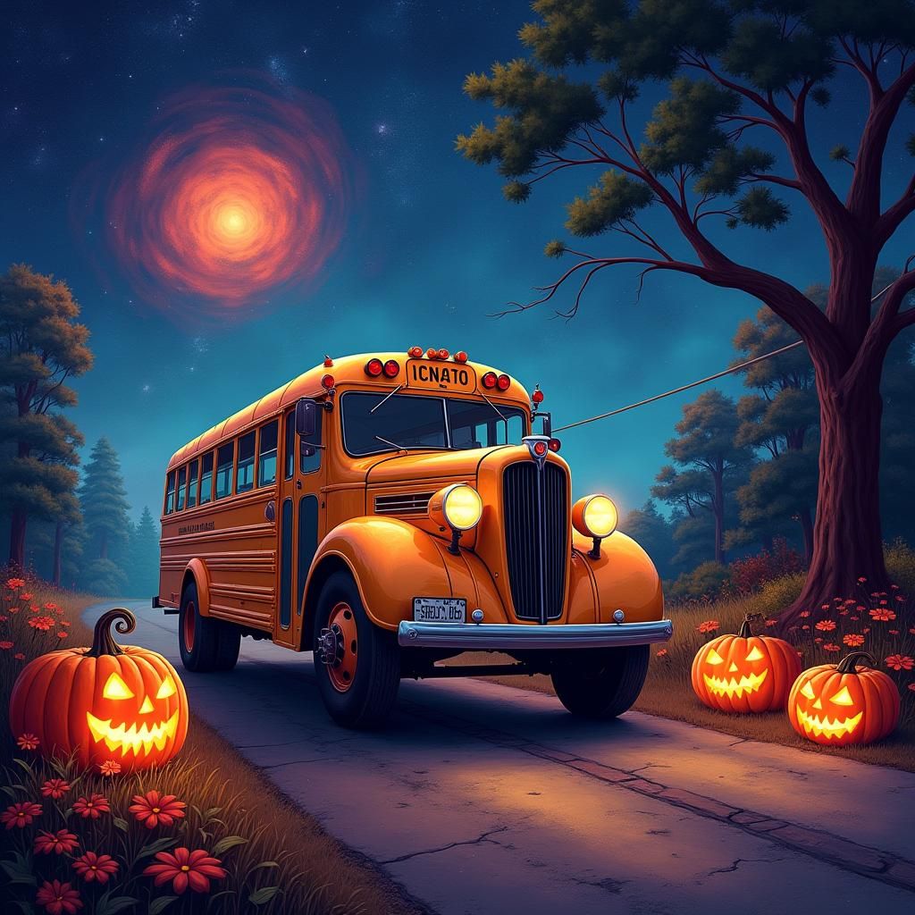 Psychedelic 1937 School Bus on a Cosmic Road