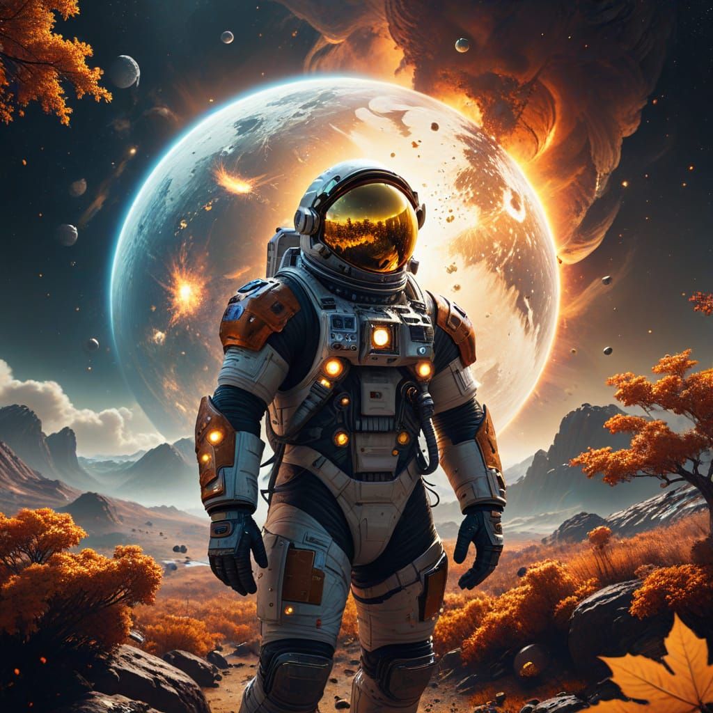 Astronaut Gazing at Autumnal Exoplanet in Space