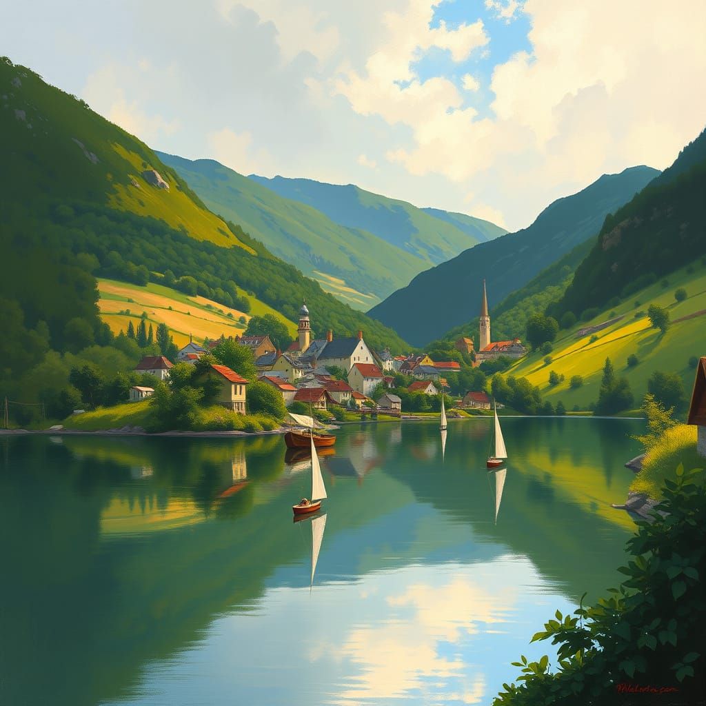 Picturesque Lakeside Village in Impressionist Style