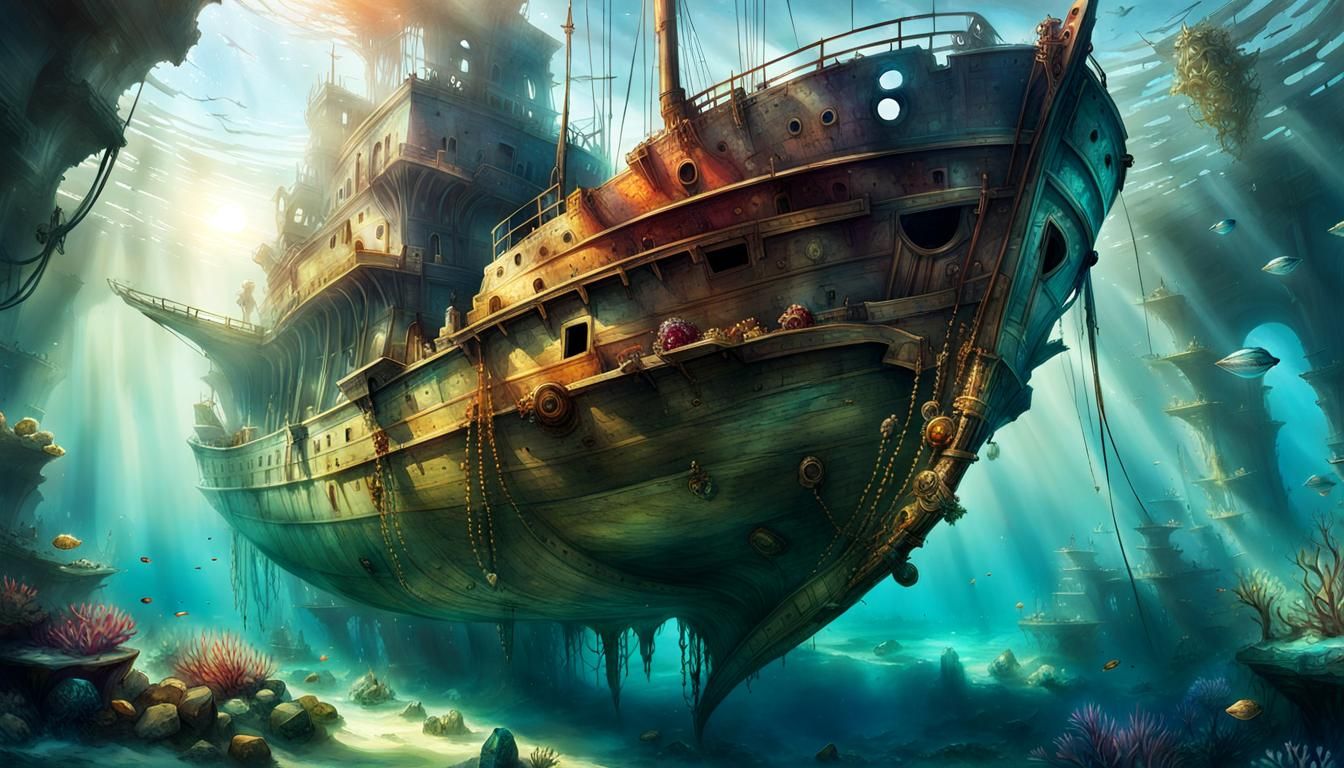 Submerged Atlantis Shipwrecks with Sun Reflections