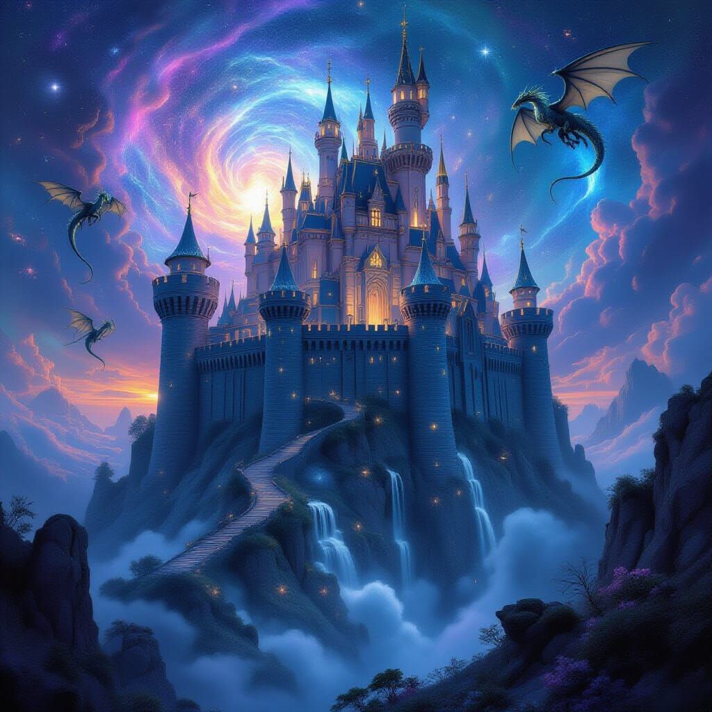 Cosmic Castle Swirling into Earth, Hyperrealistic Style
