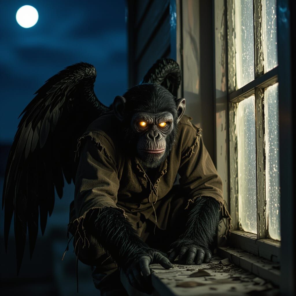 Menacing Winged Monkey Stares from Window at Night