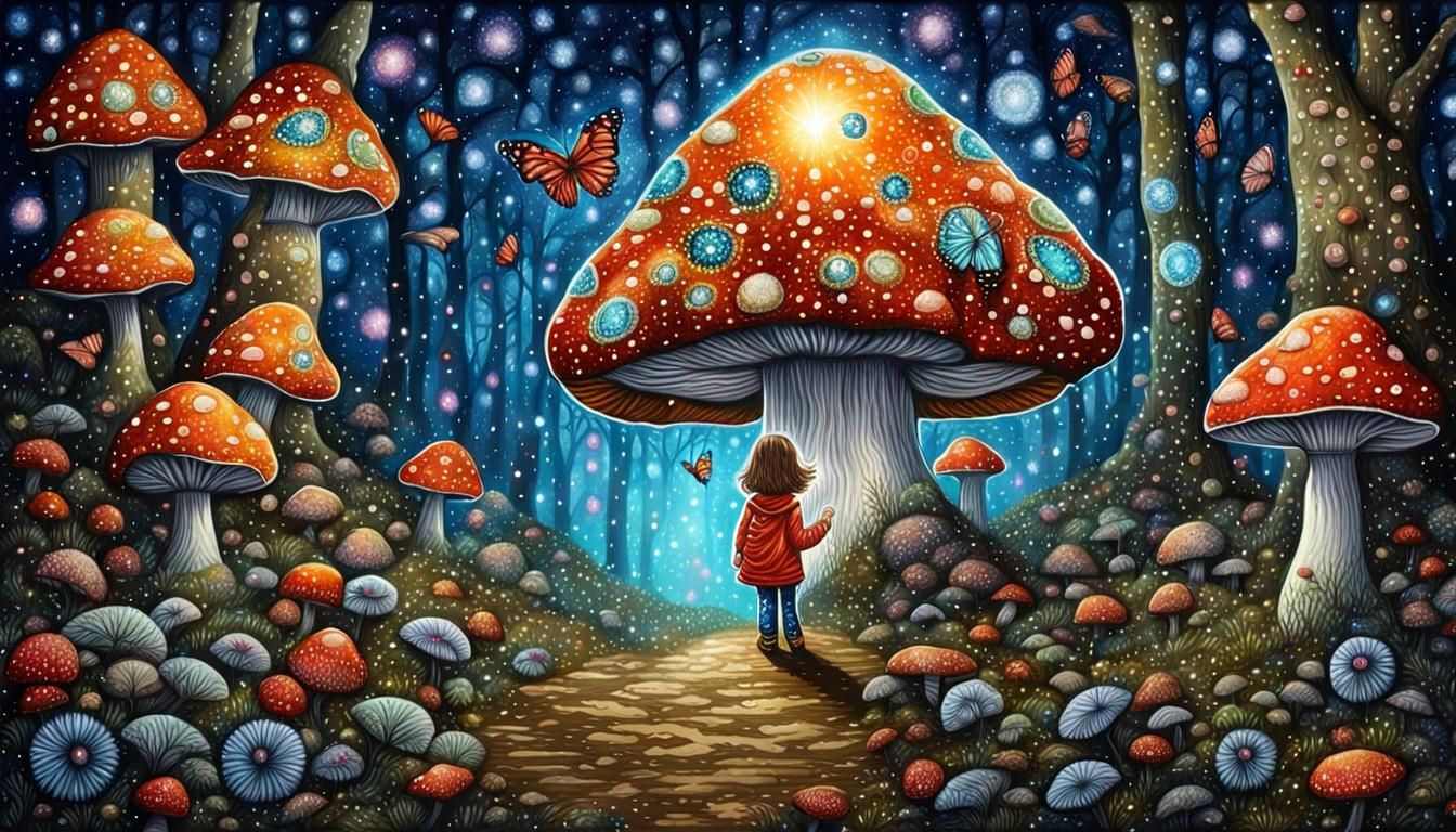 Butterfly Child in Sparkling Mushroom Forest