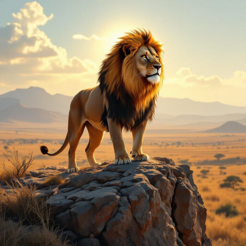 Lion with Fiery Mane in Hyperrealistic Style