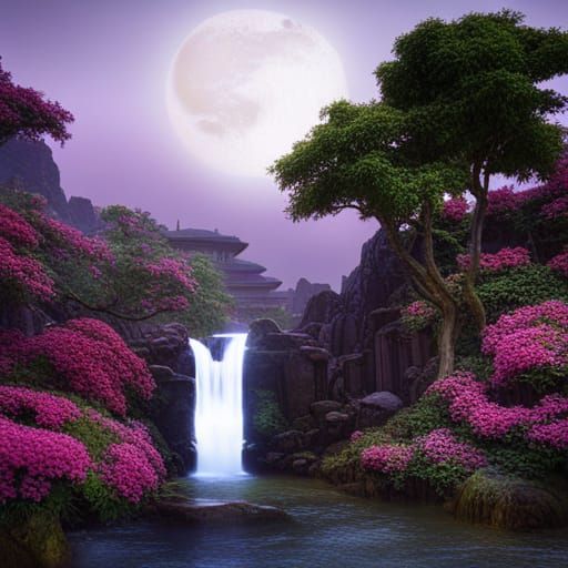 Moonlit Temple Garden with Plum Tree: Detailed Matte Paintin...