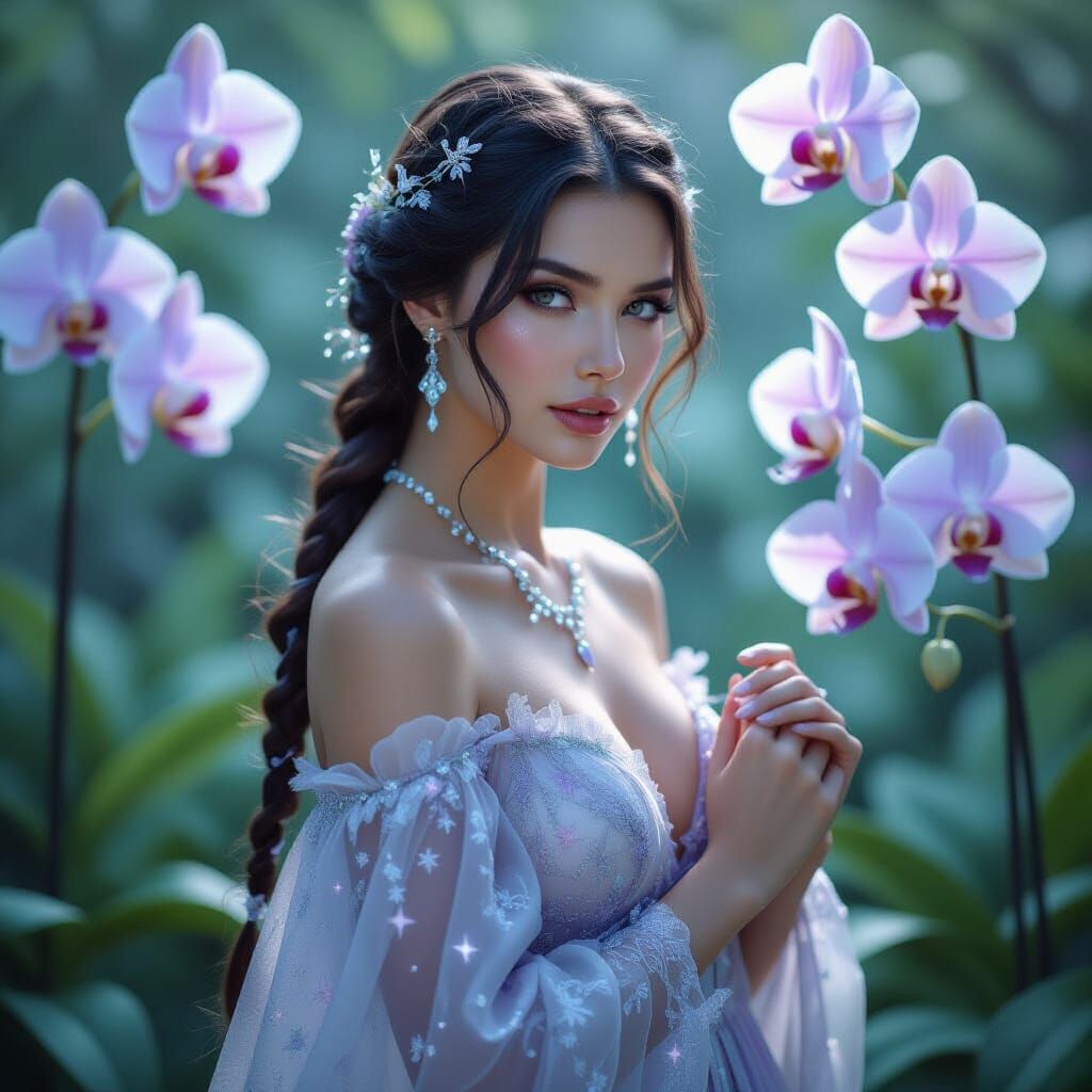 Amethyst-Haired Woman in Orchid Garden, Hyperrealism Style