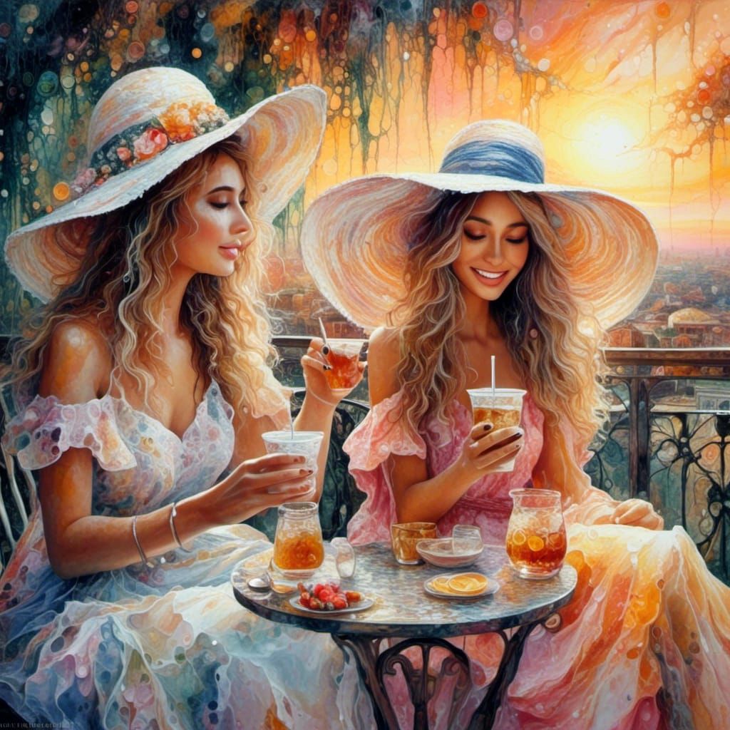 Friends Enjoying Sunset Iced Tea: Liquid Pour Watercolor