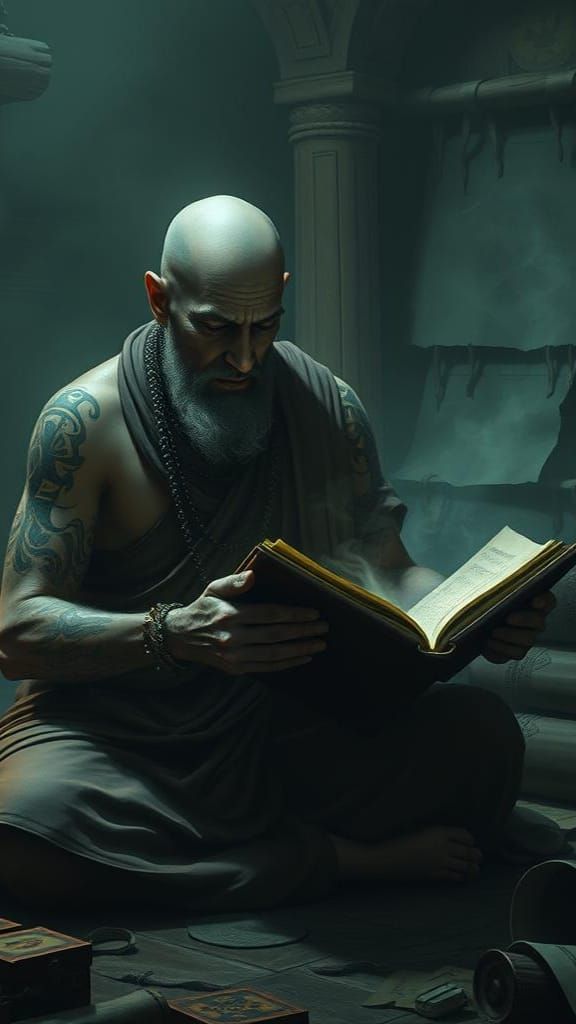 Monk and Grotesque Book in Ancient Temple