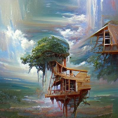 Enchanting Treehouse in Oil Painting Style
