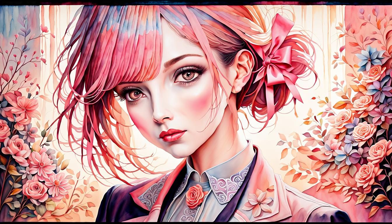 Pink Ribbon Watercolor Portrait with Floral Patterns