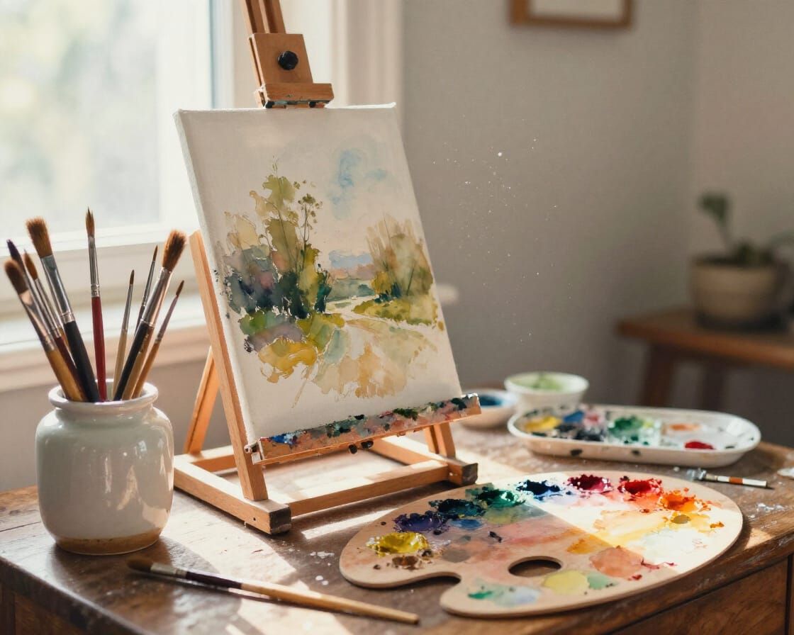 Cozy Art Studio Scene with Easel and Paints in Watercolor St...