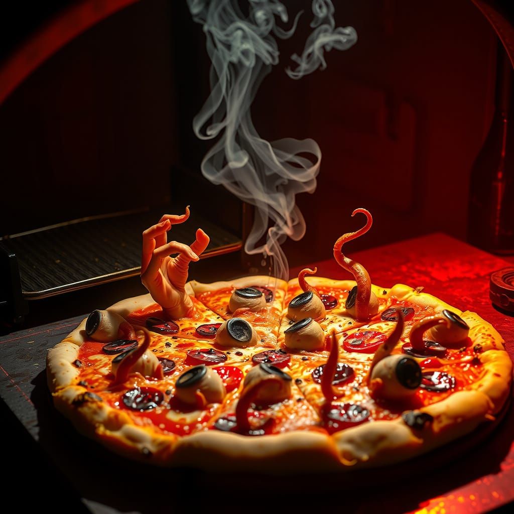 Grotesque Pizza Topped with Eyeballs and Tentacles