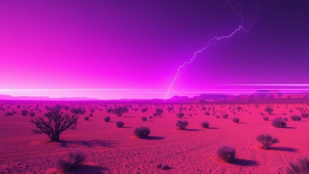 Glitching Desert Landscape with Violet Lightning