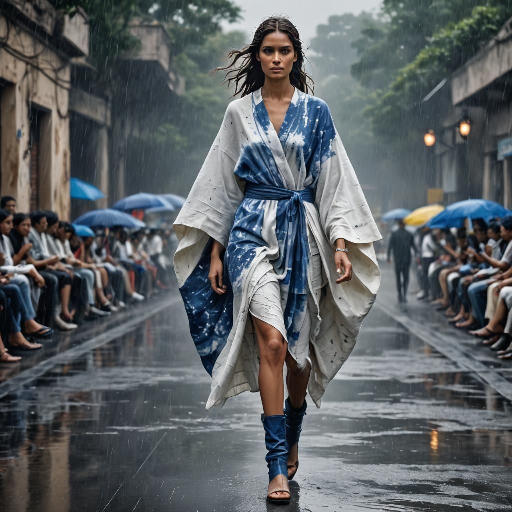 fierce italian model wearing dolman sleeve donna karan fashion in white and blue shibori dye walking a runway in delhi.....