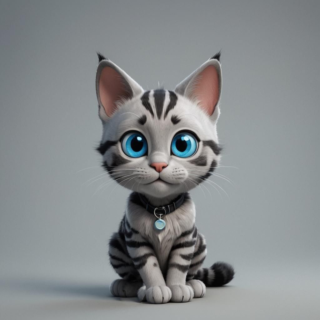 Gray Striped Cat with Blue Eyes, Pixar Style