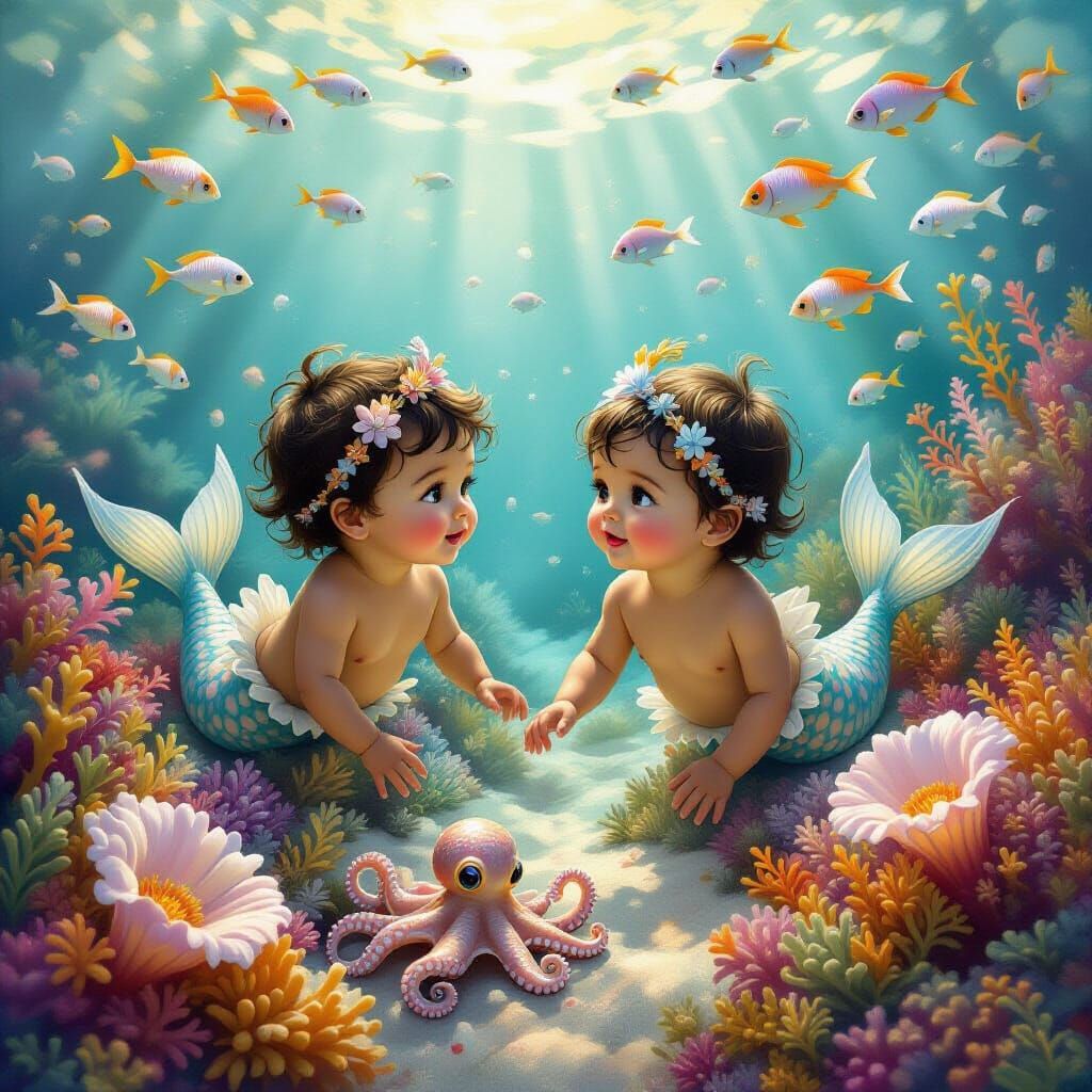 Infant Mermaid Boys Explore Coral Reef in Dreamlike Style