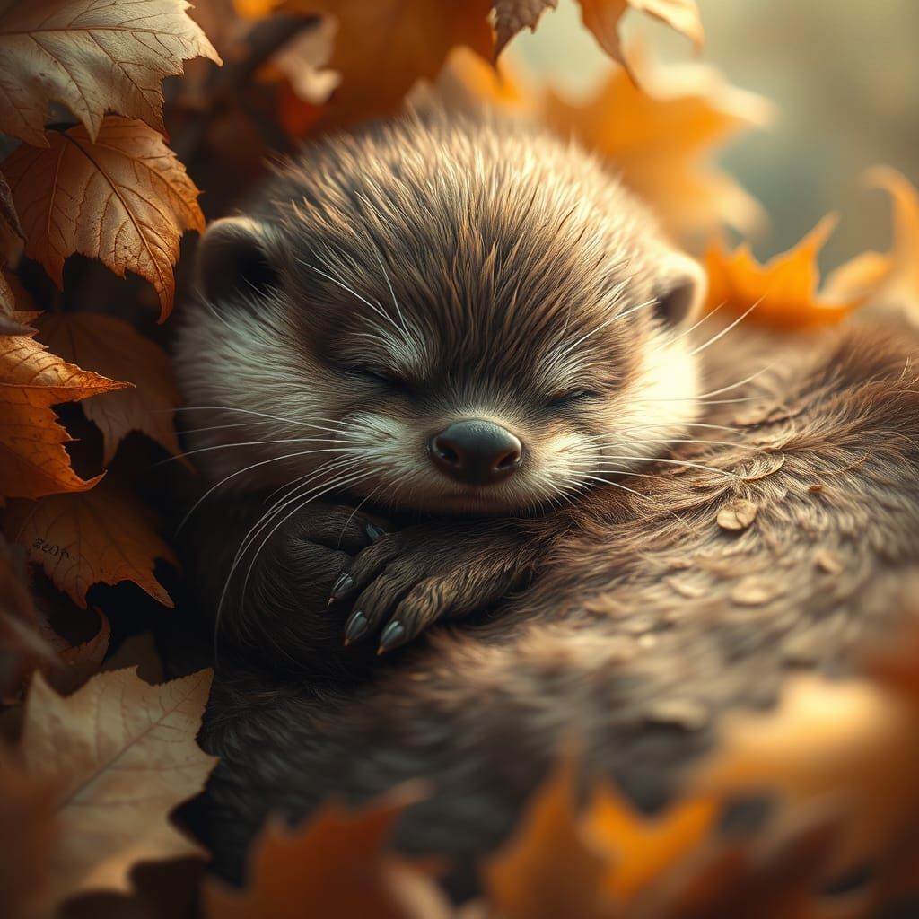 Cute Otter Sleeping in Autumn Leaves Realism