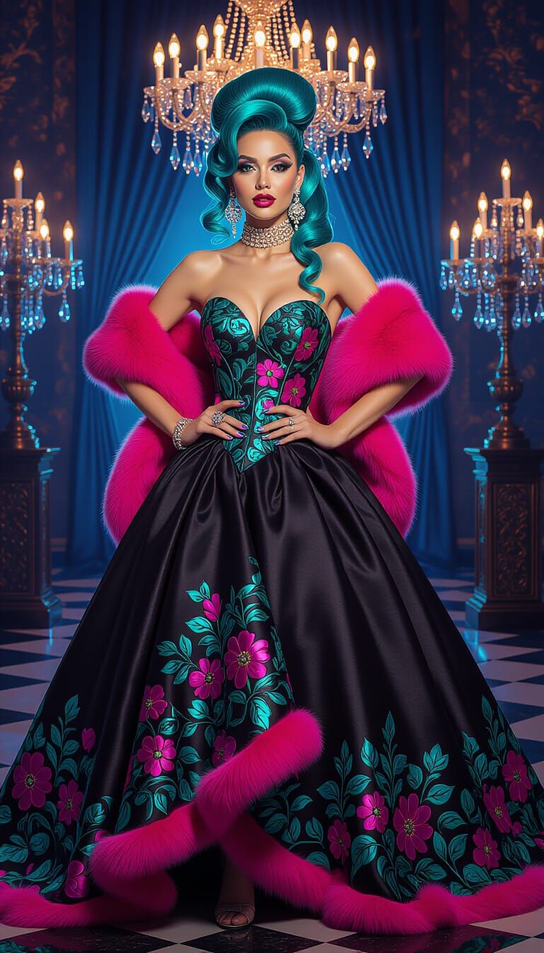 Hyperrealistic Woman in Floral Ball Gown