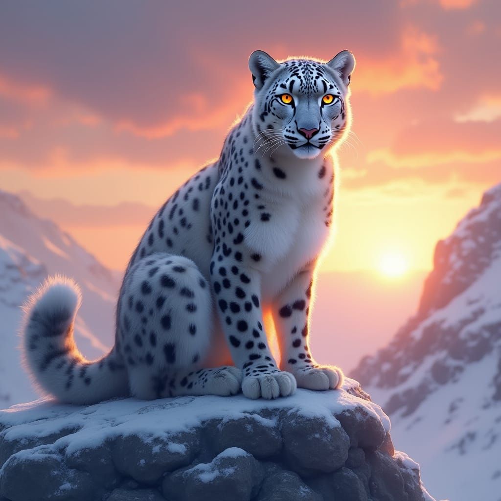 Majestic Snow Leopard in Hyperrealistic Winter Landscape