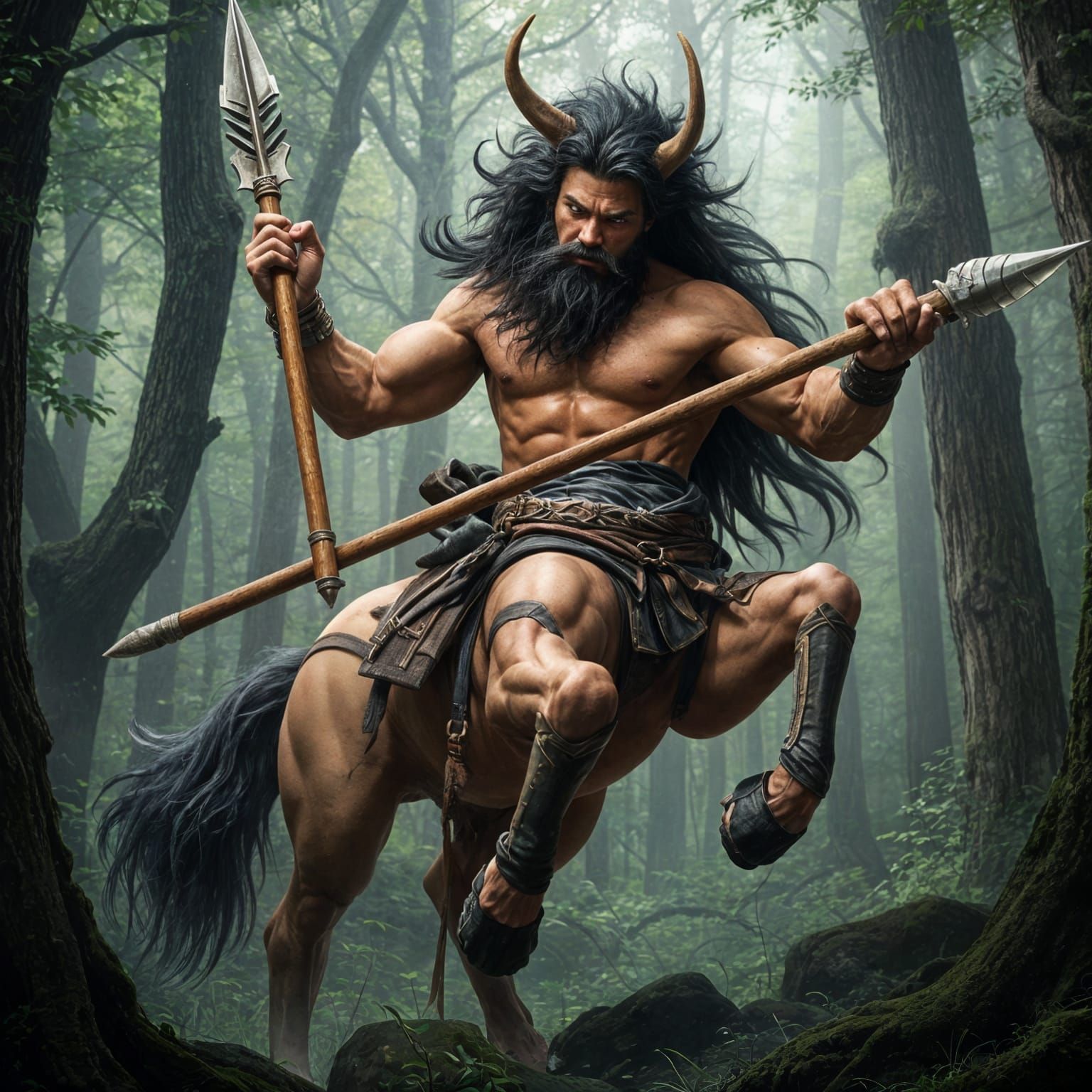 strong male centaur using spear to hunt