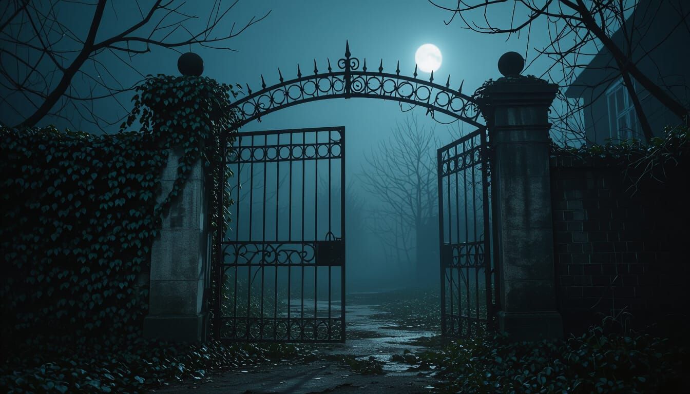 Eerie Abandoned Hostel Gate at Night in Foggy Moonlight