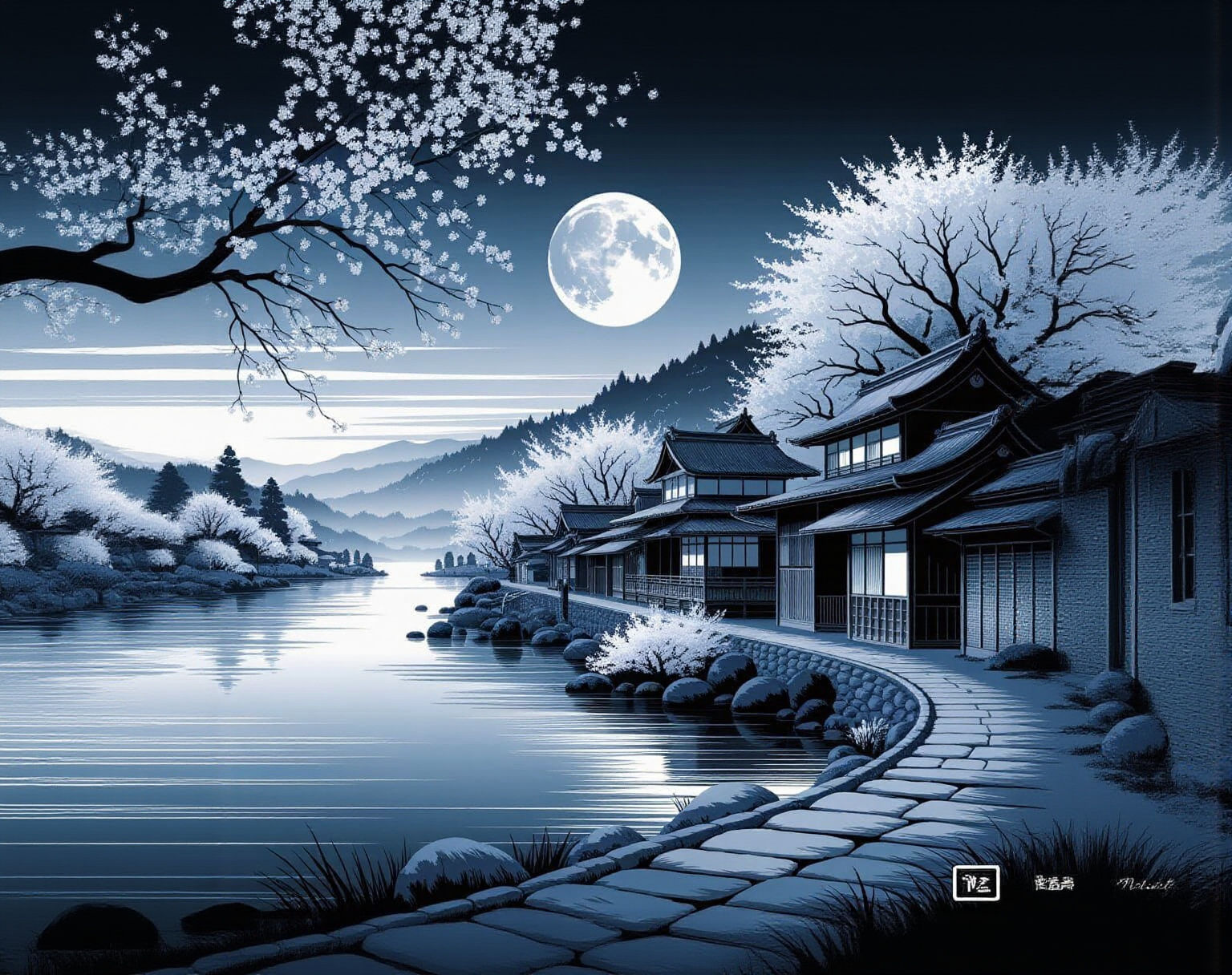 Tranquil Japanese Village Under Full Moon