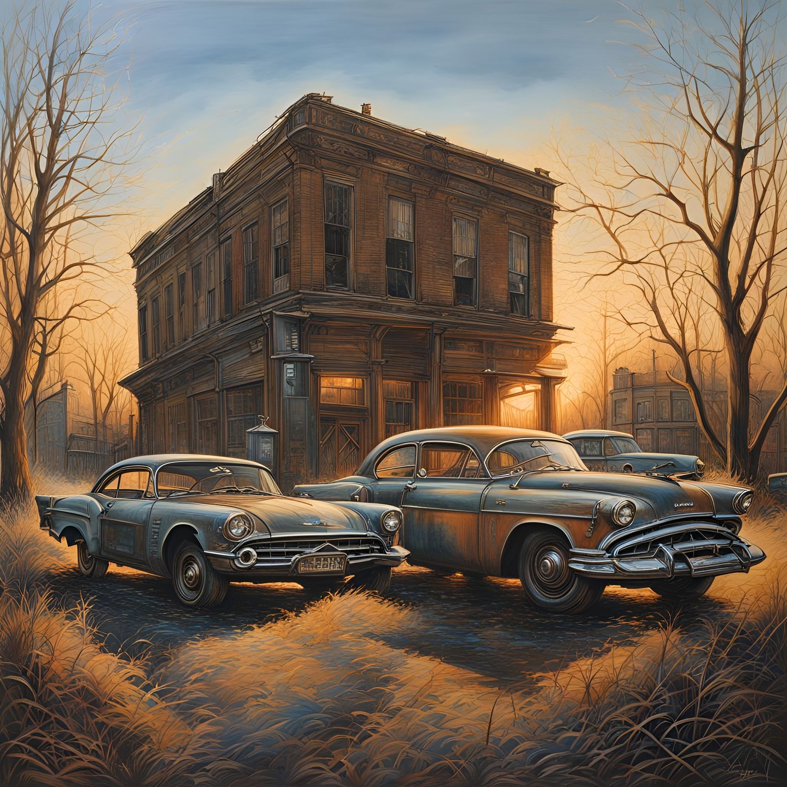 Post-Apocalyptic Detroit Auto Factories, Charcoal Drawing