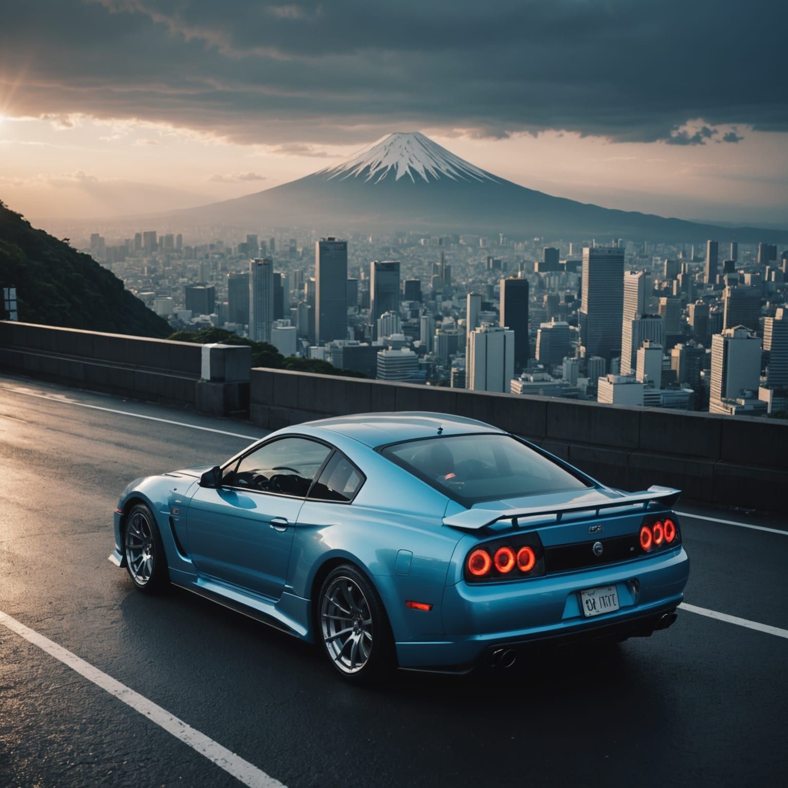 Epic Sunset on Mt Fuji in Futuristic Sportscar