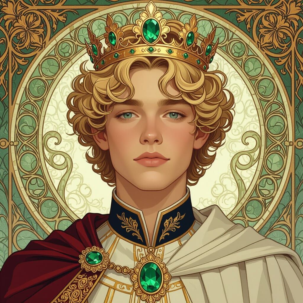 Regal Teen with Emerald Crown in Art Nouveau Style