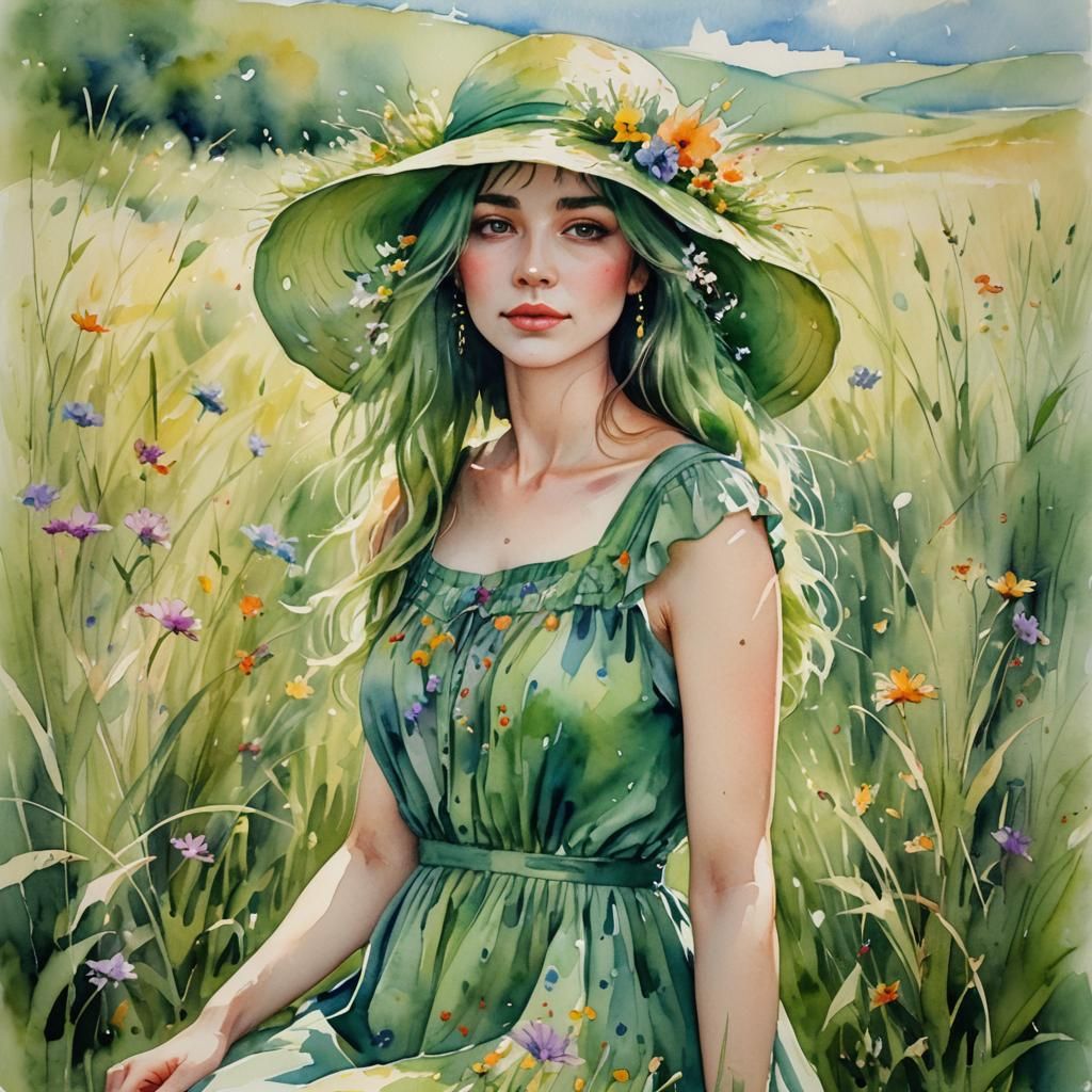 Floral Woman Portrait in Impressionist Watercolor Style