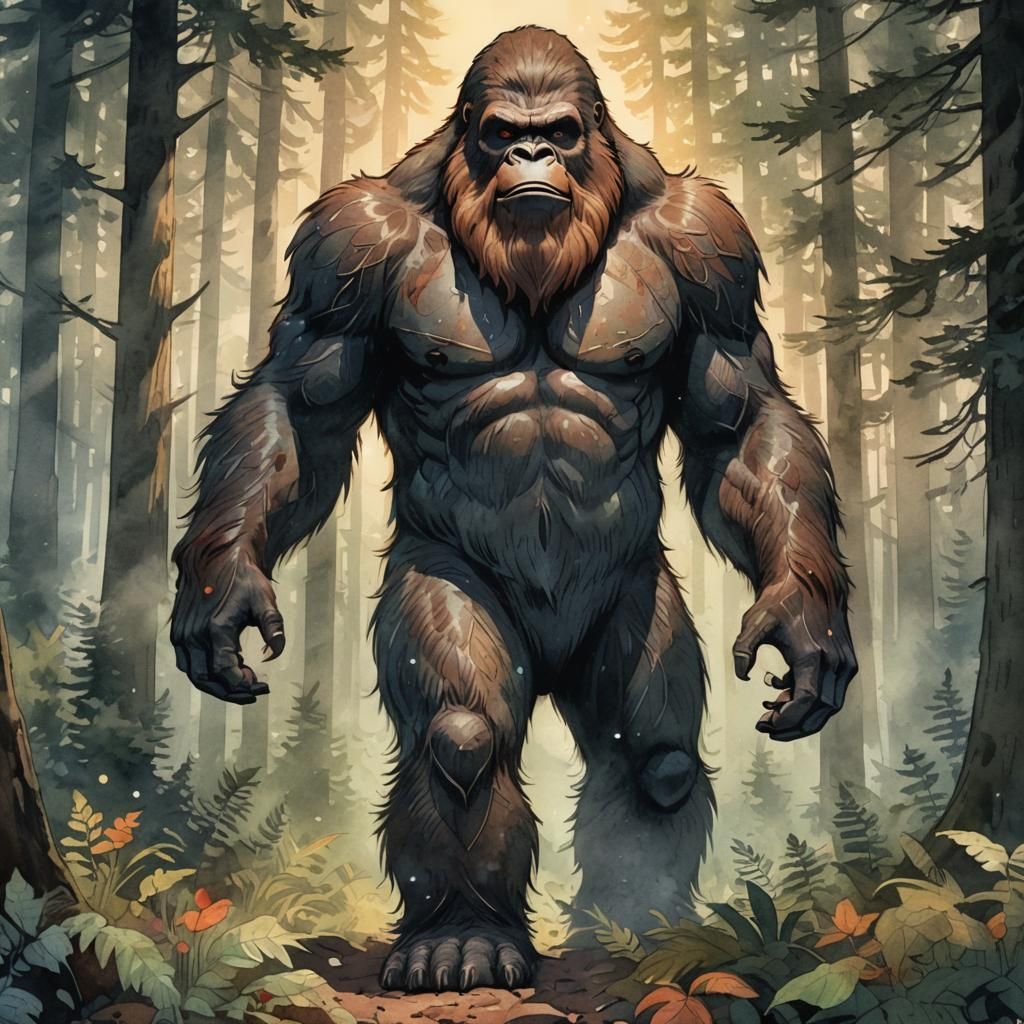 Bigfoot in Misty Forest: Watercolor Illustration