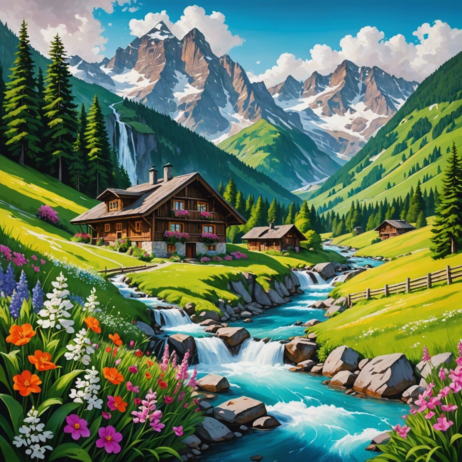 Picturesque Alpine Landscape with Waterfall in Graffiti Art