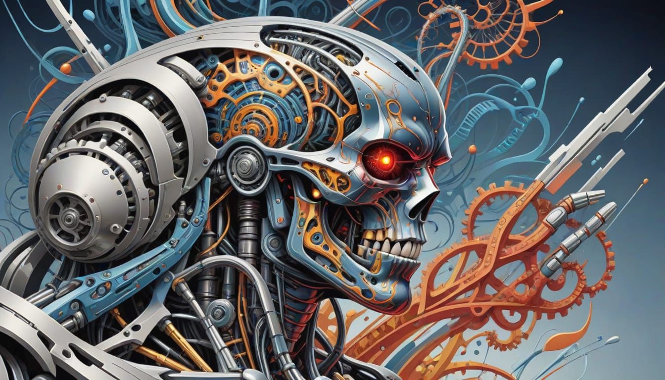 Terminator in Abstract Vector Fractal Gouache Painting