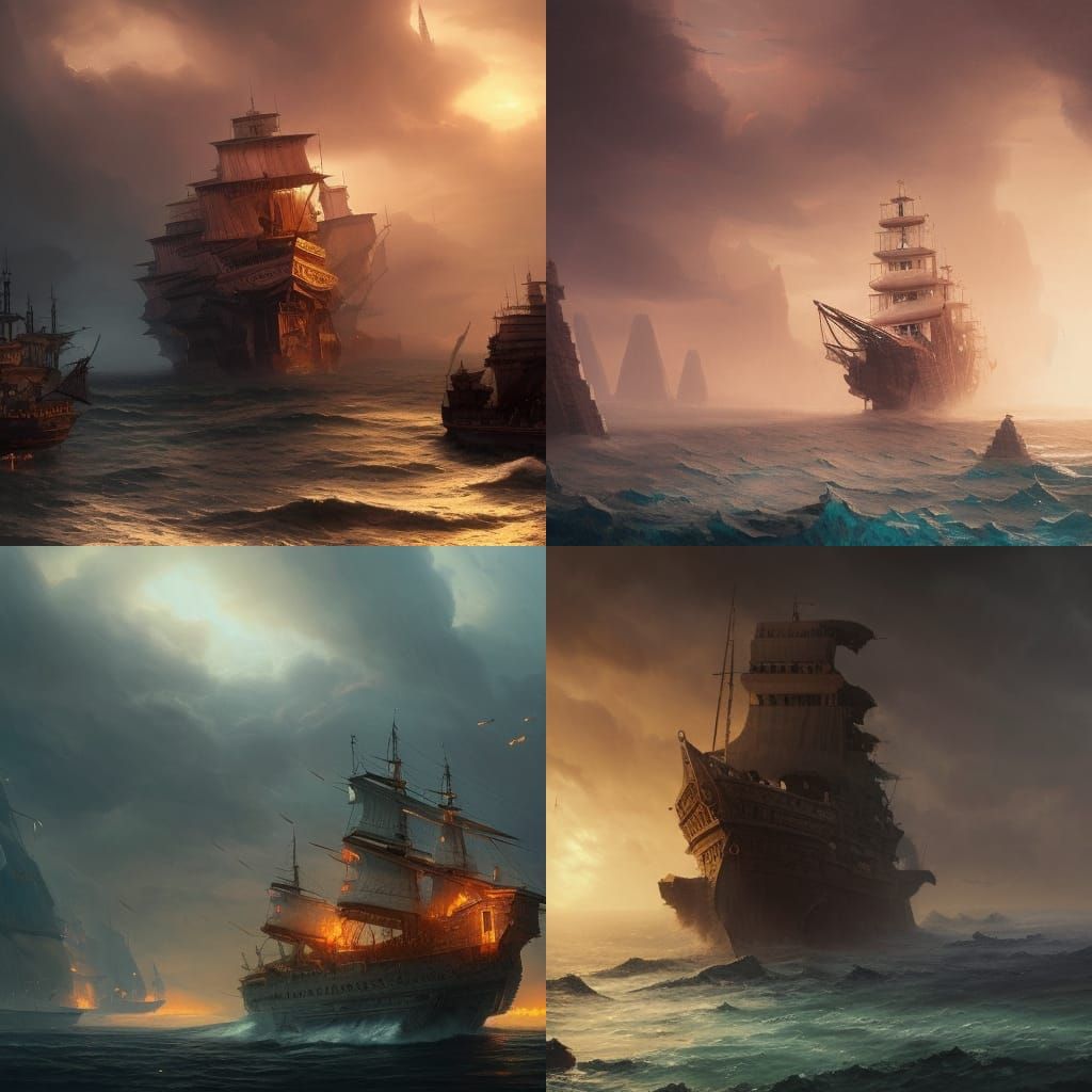 Majapahit Warship on a Majestic Sea, Detailed Painting