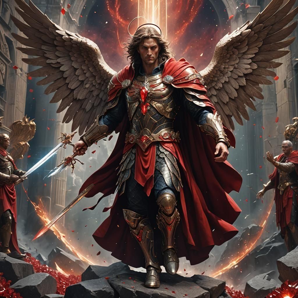 Archangel Michael in Red Robe, Detailed Digital Art