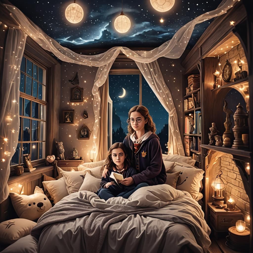 Girl in Harry Potter Bedroom at Night