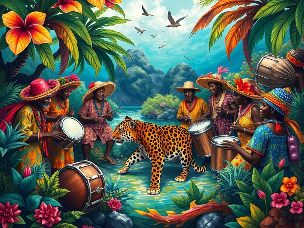 Caribbean Festival with Jaguar in Vibrant Digital Art