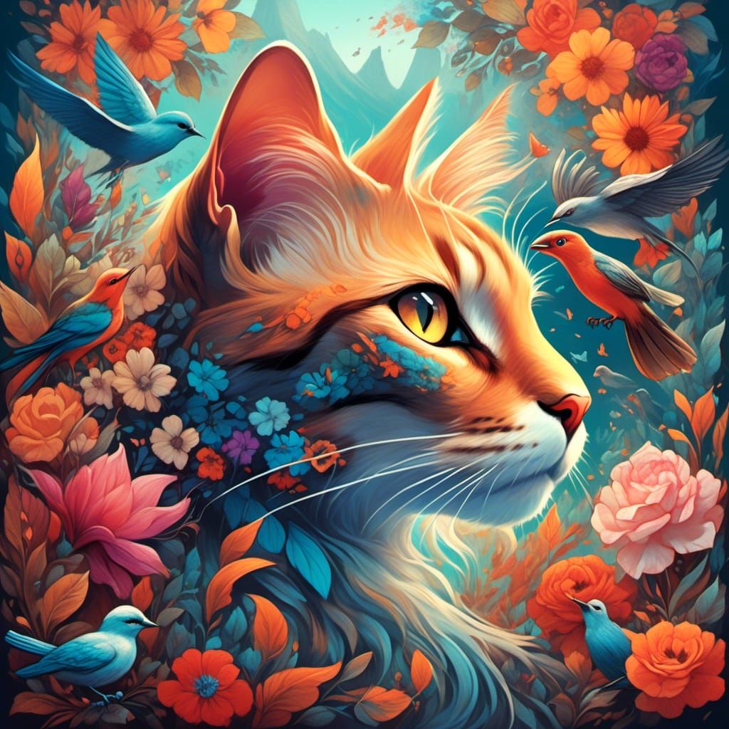 Psychedelic Cat Painting with Flowers and Birds