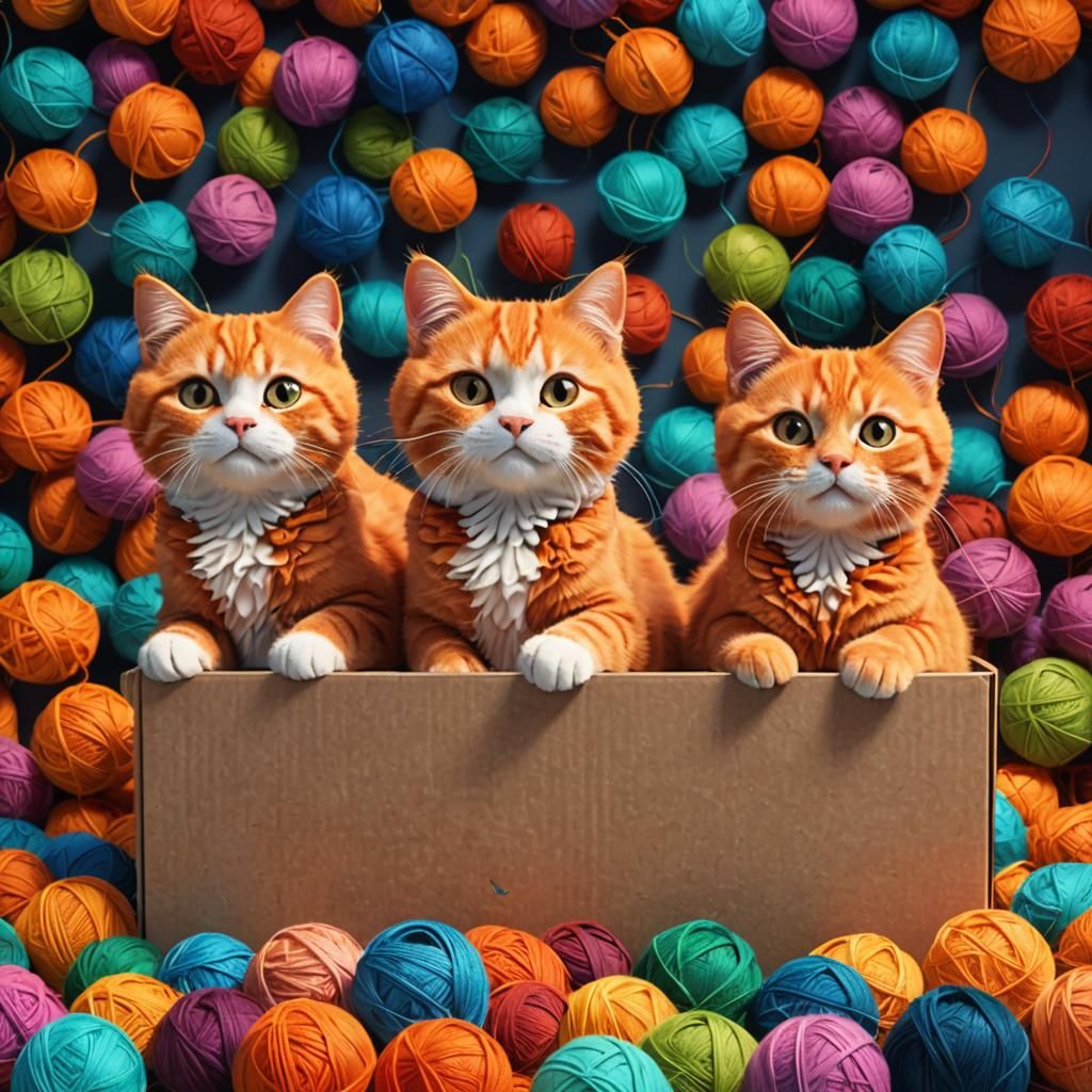 Three Cute Cats in Yarn Box, Pixar Style