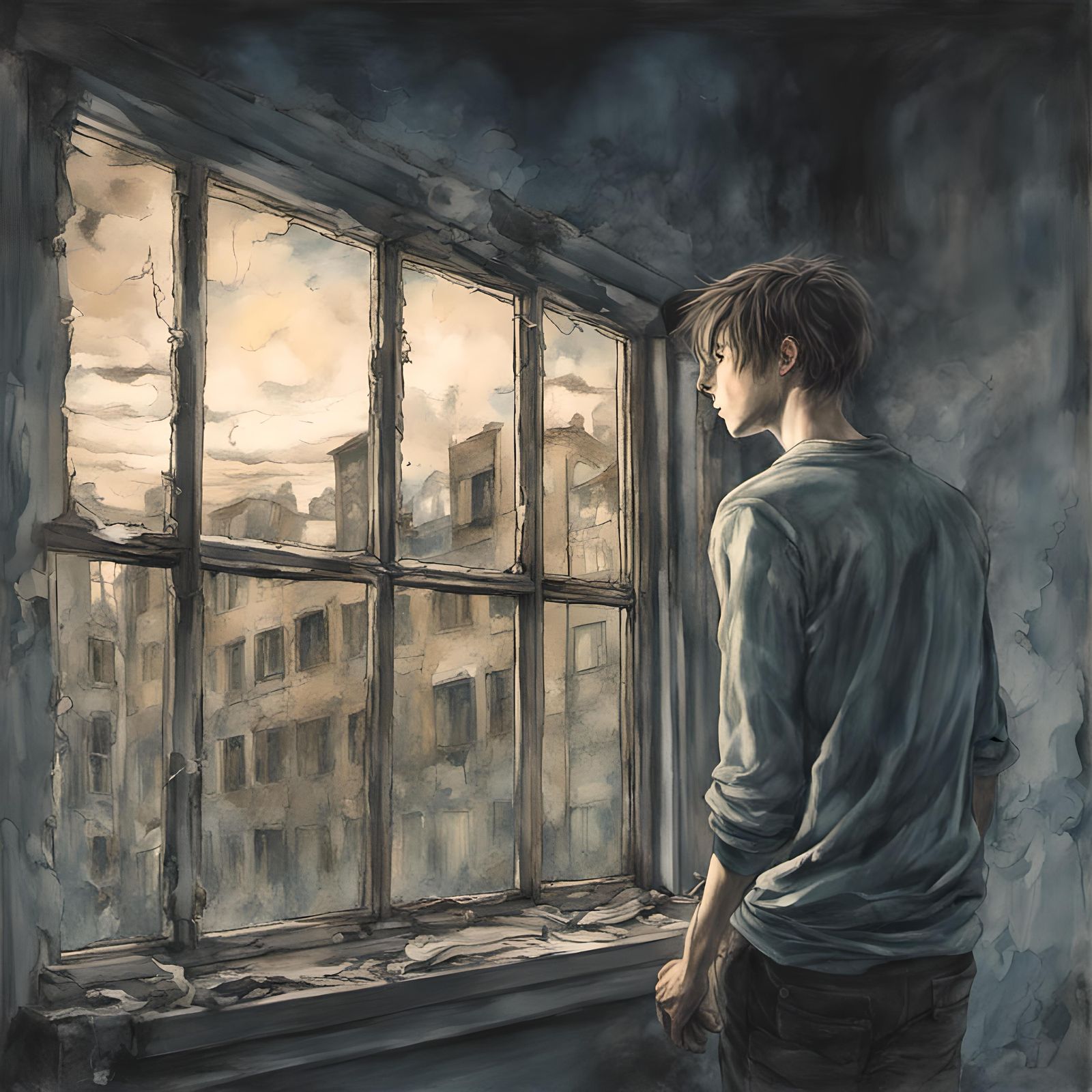 Grotesque Reflection: Young Man in Abandoned Asylum