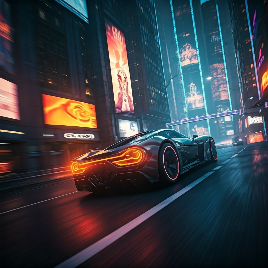 Futuristic Race Car Soaring Through Neon Cityscape