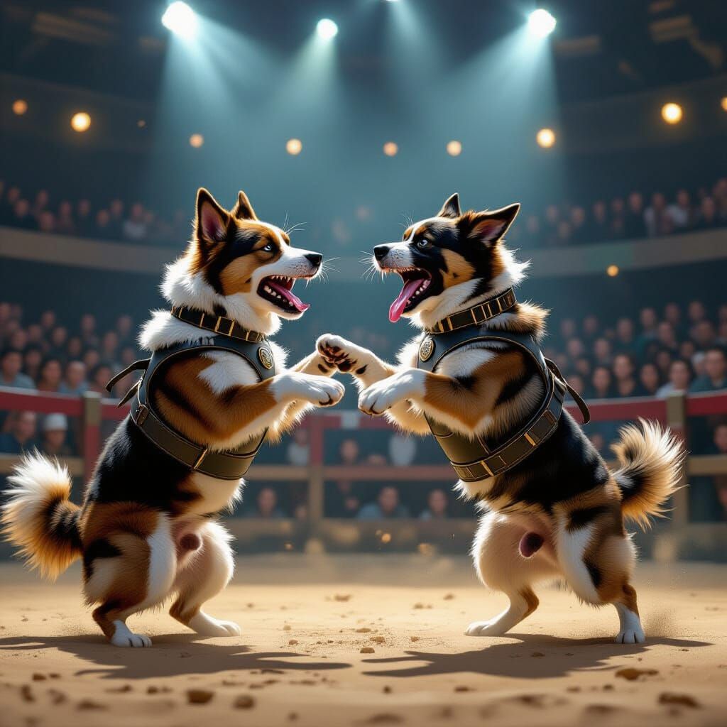 Dogs in Leather Harnesses Fighting in Arena