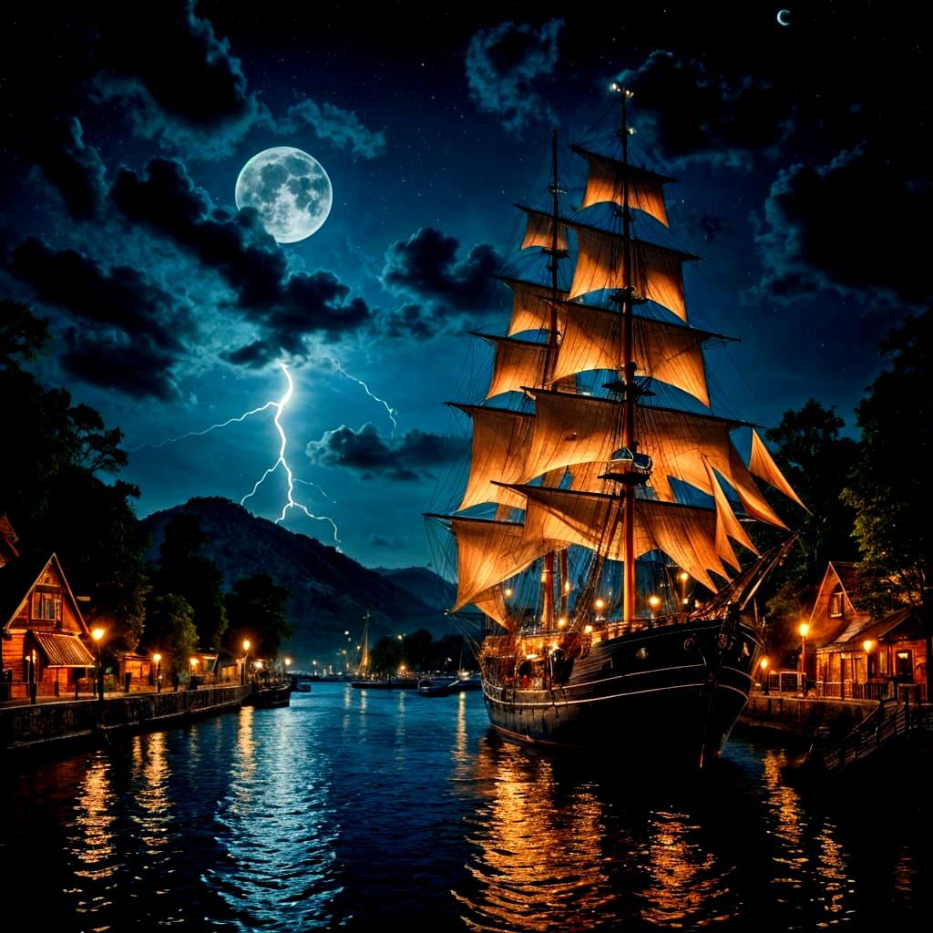Tall Ship Sails Upriver Under Full Moon
