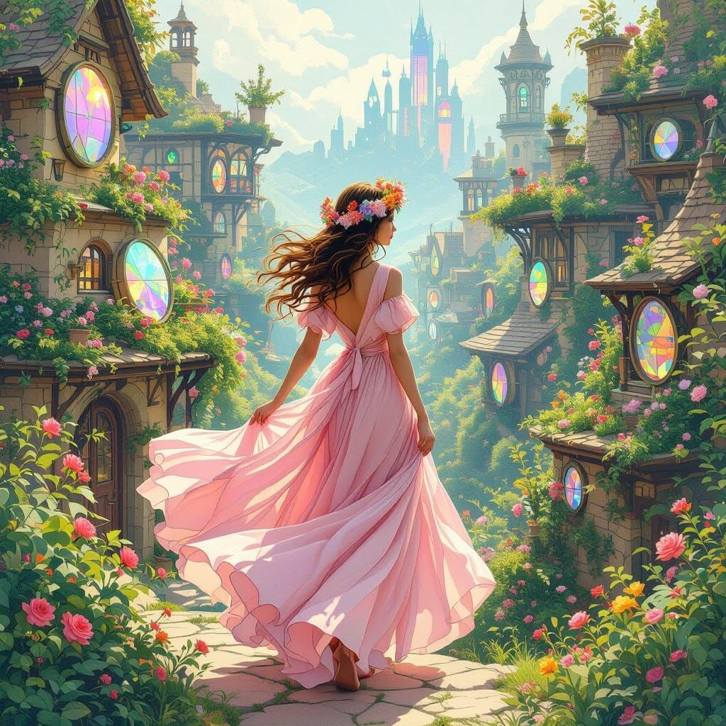 Solarpunk Village Girl in Whimsical Rose Petal Dress
