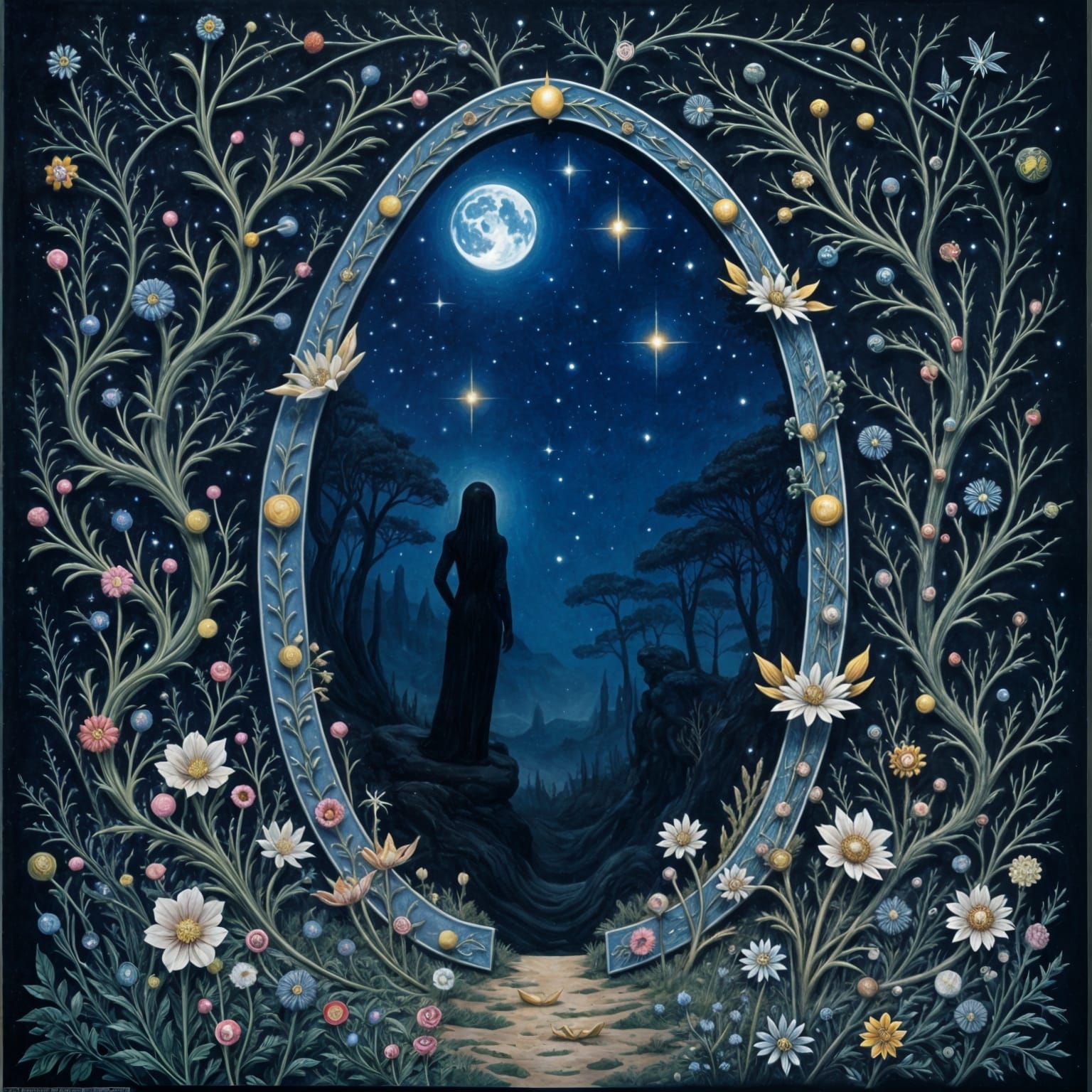 Mystical Portal with Falling Stars and Cosmic Flora