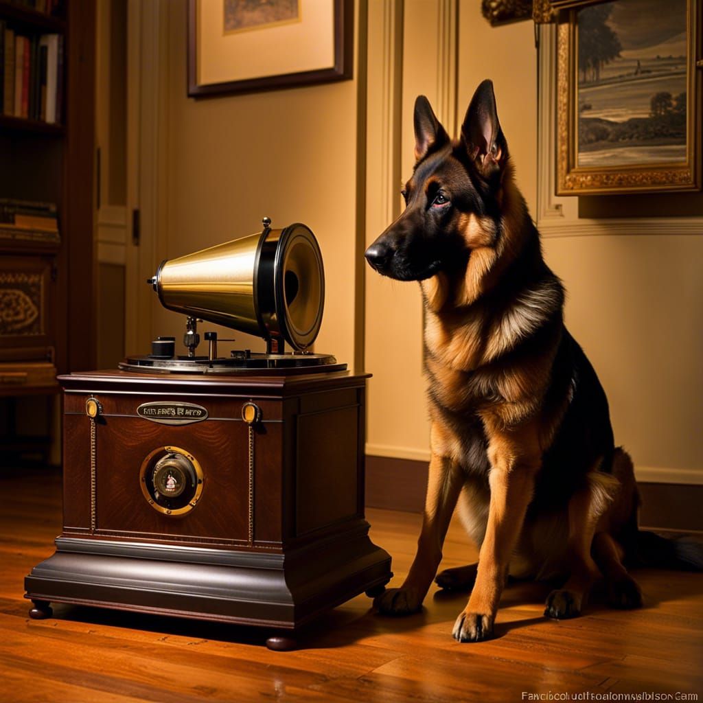 German Shepherd Listens to Phonograph, Barraud Style